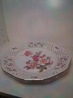Antique Schumann Arzberg Germany Rosedale Gold Trim Reticulated Pink roses 9.5"